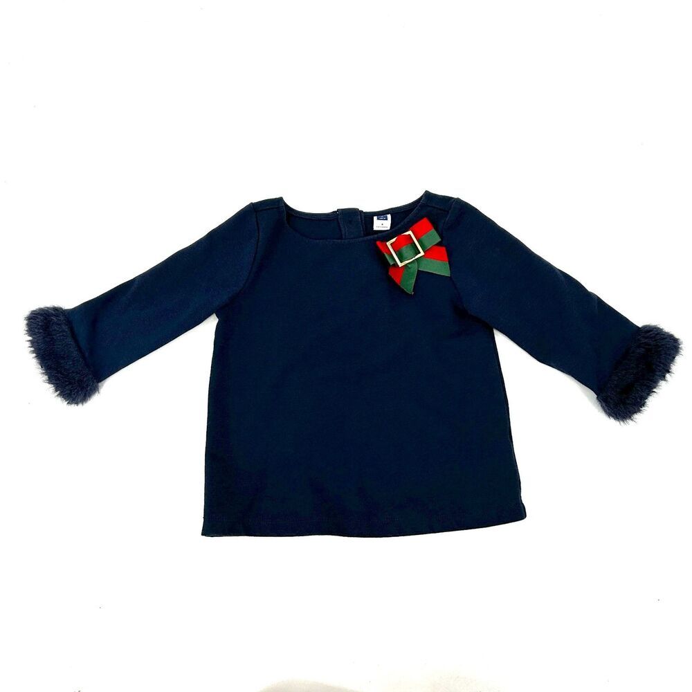 JANIE AND JACK Girls' Navy Blue Red Green Bow Faux Fur Lined Cuffs Top Size 4T